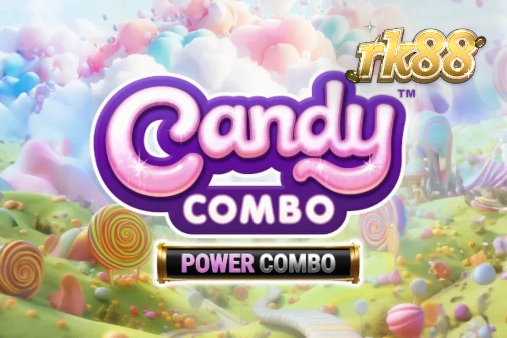 Tampilan visual slot Candy Combo Power Combo King Millions dengan latar belakang kastil permen dan gulungan berwarna merah muda.